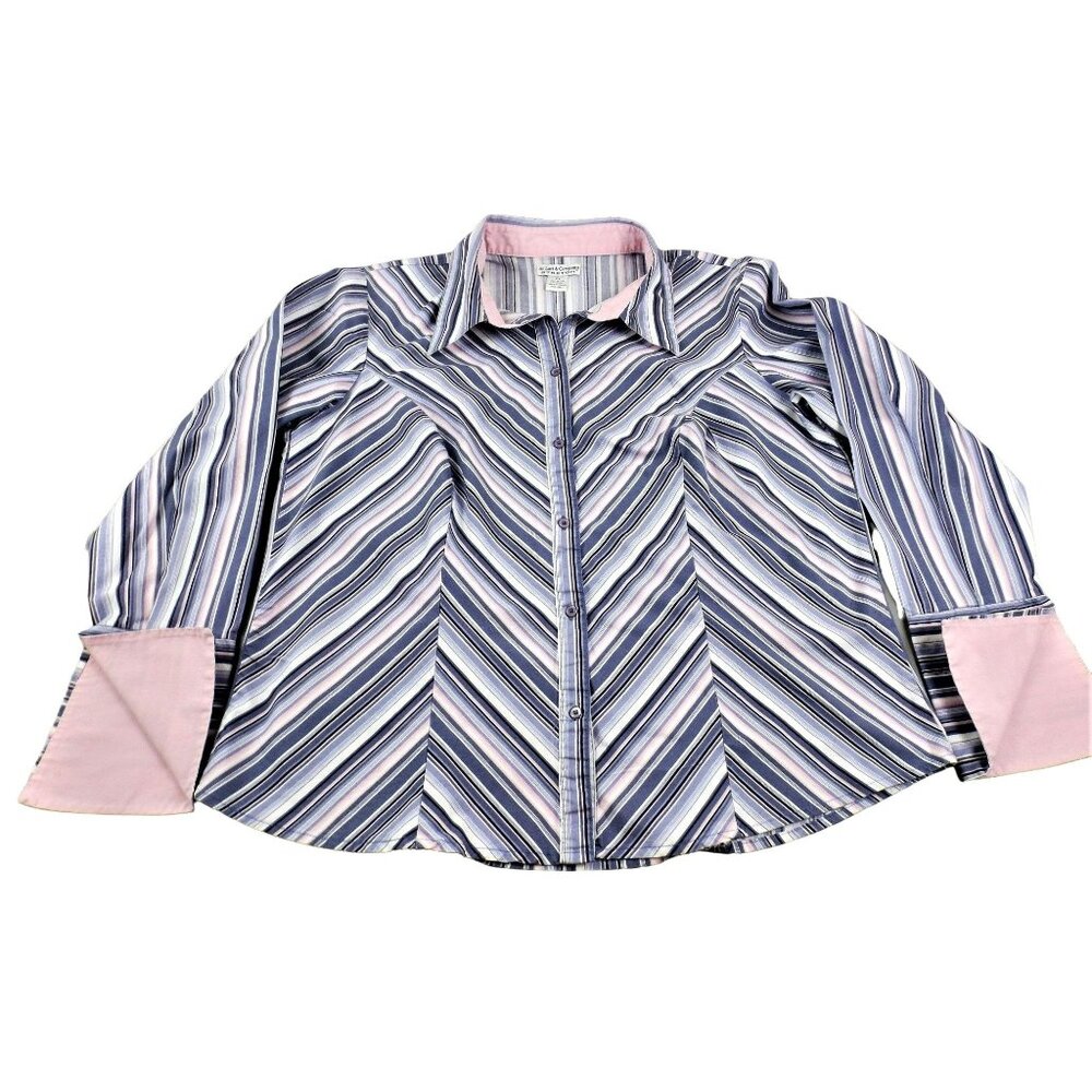 Womens Button Down Pink Gray Blue Striped Blouse Wide Cuffs Size 2X    JH1013